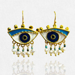 Big Earrings Enamel Eyes Gold Plated - Brass and  Silver 925